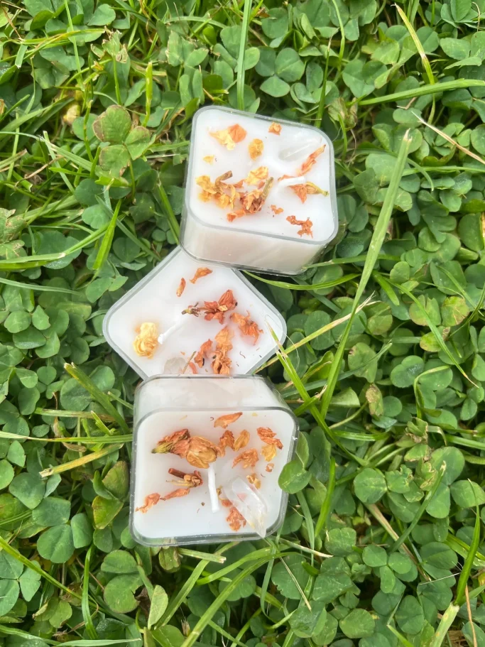 Drei kleine Behälter mit einer weißen, cremigen Mischung und bunten Zutaten auf grünem Gras.